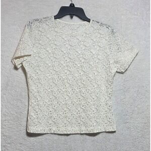 Lucie Ann II Vintage Ivory Lace Short Sleeve Top Shimmer Made in USA Medium
